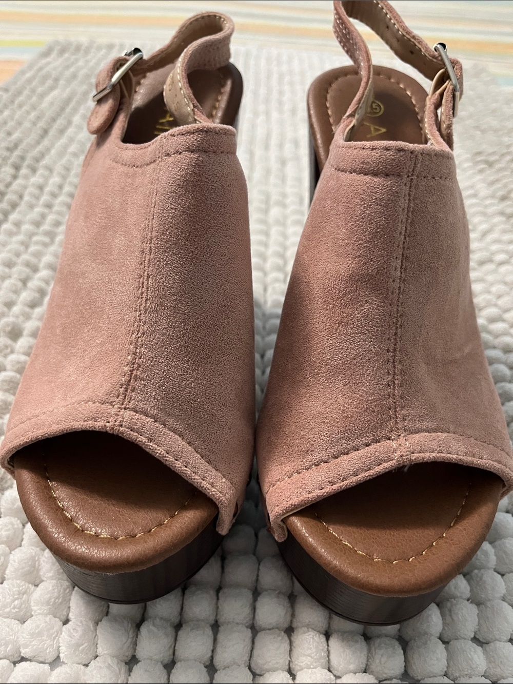 Allegra K Blush Suede Peep-Toe Wedge Sandals